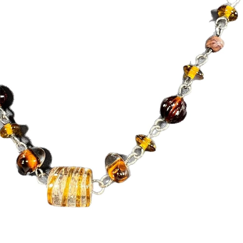 Vtg Brown Amber Beaded Necklace Swirls Art Glass Wod Barrel Beads Jewelry